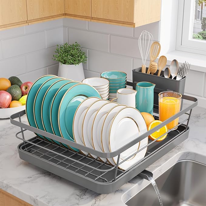 Stainless Steel Dish Drying Rack for Kitchen Counter, Sink Organization and Storage Essentials with Silverware & Utensil Holder, Home and Apartment Decor, 12''W x 15.6''L, Gray