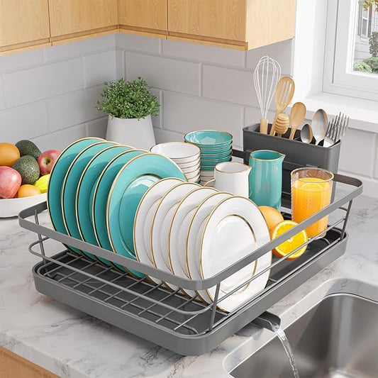 Stainless Steel Dish Drying Rack for Kitchen Counter, Sink Organization and Storage Essentials with Silverware & Utensil Holder, Home and Apartment Decor, 12''W x 15.6''L, Gray