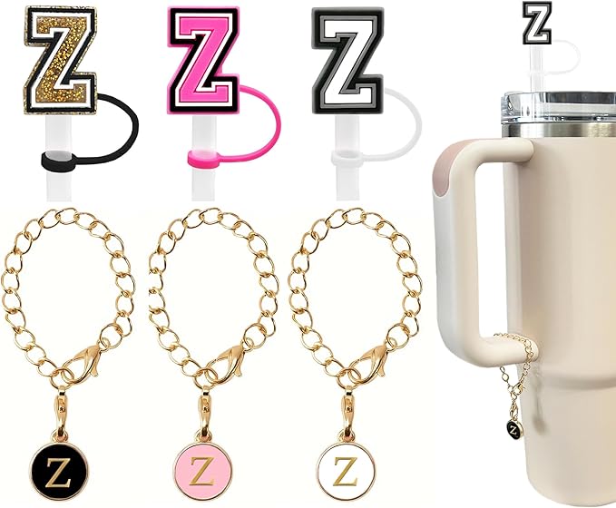 （3 +3) 3PCS Nuozme Straw Cover 10mm For Stanley Tumbler Cup Reusable Straw Cap Topper with 3 Initial Letter Charms Accessories Name ID Personalized Handle Charm For Stanley 30&40 Oz Cup Tumbler