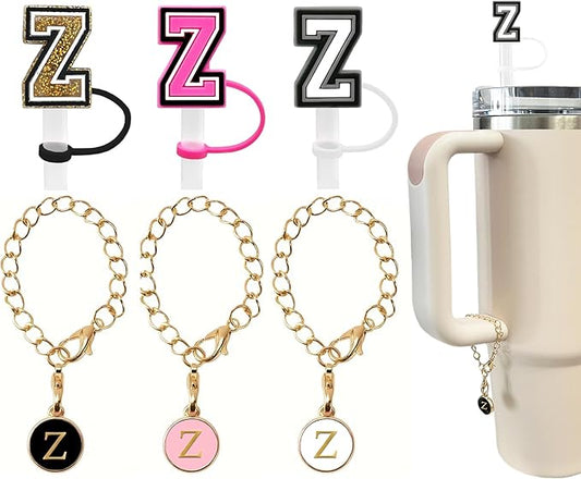 （3 +3) 3PCS Nuozme Straw Cover 10mm For Stanley Tumbler Cup Reusable Straw Cap Topper with 3 Initial Letter Charms Accessories Name ID Personalized Handle Charm For Stanley 30&40 Oz Cup Tumbler