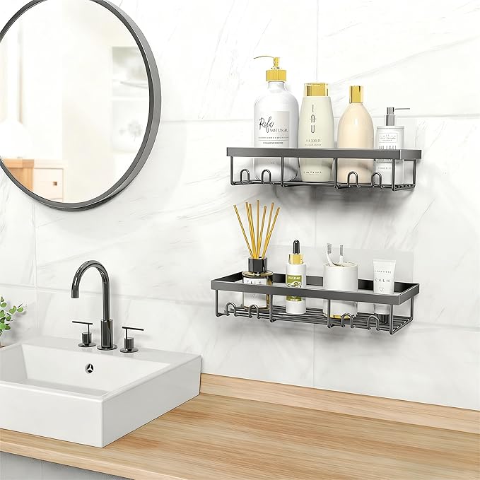 Moforoco Shower Caddy Shelf Organizer Rack, Self Adhesive Black Bathroom Shelves Basket, Home Farmhouse Wall Inside Organization and Storage Decor Rv Accessories, First Camper Apartment Essentials