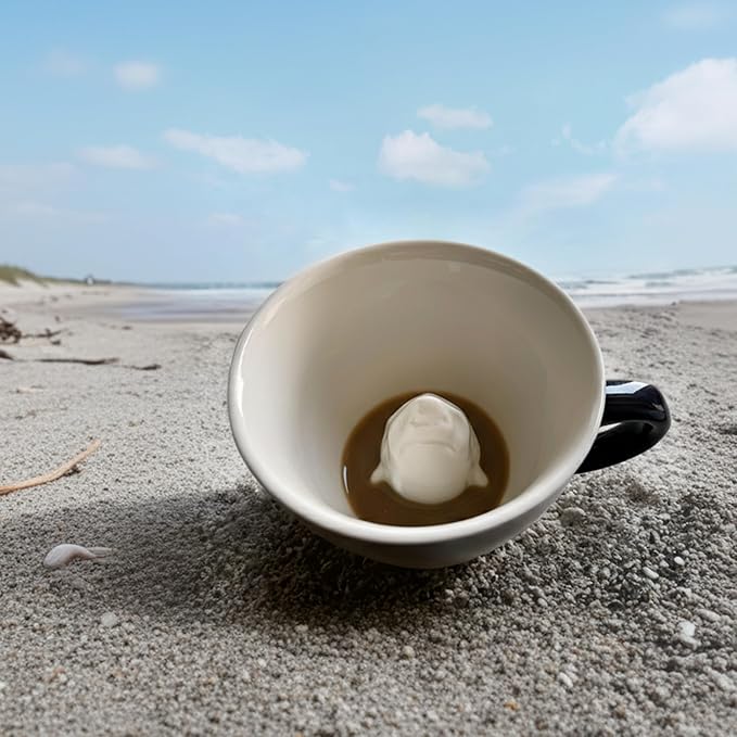 Creature Cups Great White Shark Ceramic Mug – 11 oz Navy Blue Coffee Cup with Hidden Ocean Animal Inside – Unique Gift for Coffee, Tea & Shark Lovers
