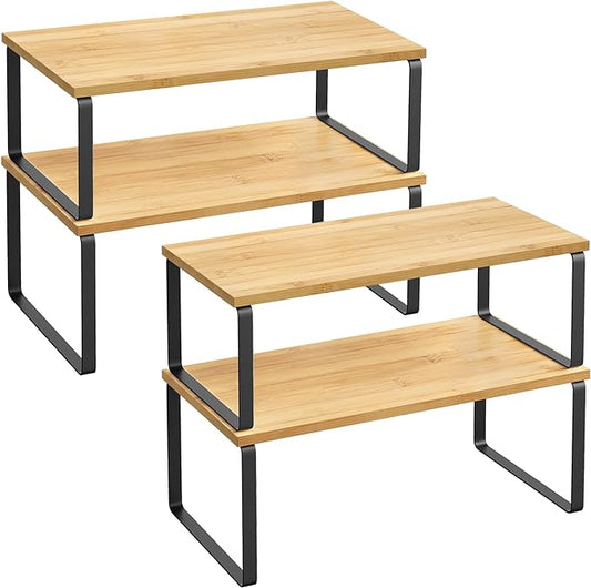 SONGMICS Cabinet Organizer Shelf, Set of 4 Kitchen Counter Shelves, Kitchen Storage, Spice Rack, Stackable, Expandable, Metal and Engineered Wood, Ink Black and Natural Beige UKCS210B01