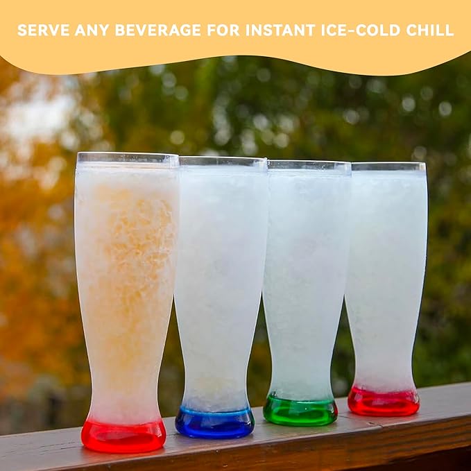 Lily's Home 16 oz Set of 4 Freezer Beer Mugs, Double Wall, Insulated with Liquid Gel Plastic Freezable Glasses, Glass for Freezer, Chiller Frosty Cup,for party