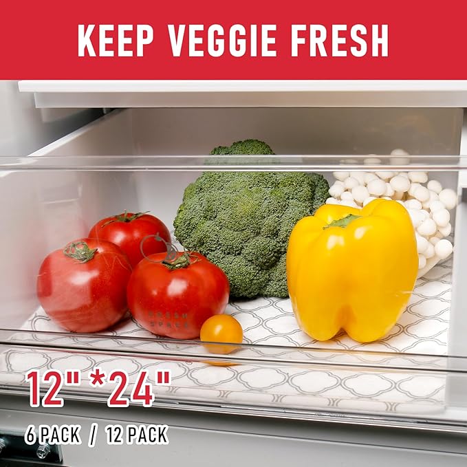 Cooyes Non Slip Refrigerator Liners, 2-in-1 Fridge Mats and Fresh-Keeping Shelf Liners, Absorbs Excess Moisture, BPA-Free, Multiple Sizes for Glass Shelves Kitchen Cabinets Drawers, 6 Pack, 12" × 24"