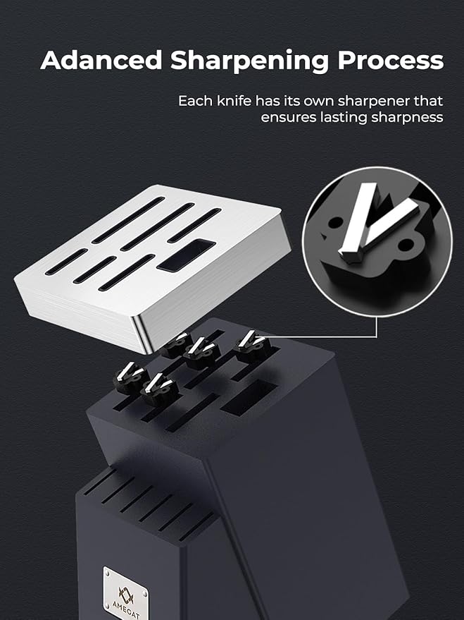 Knife Set, AMEGAT Knife Block Set with Advanced Self-Sharpening Technology, 14-Piece Waved Texture Kitchen Knives, Stainless Steel Knife Set with Block, Razor-Sharp and Full Tang Handle
