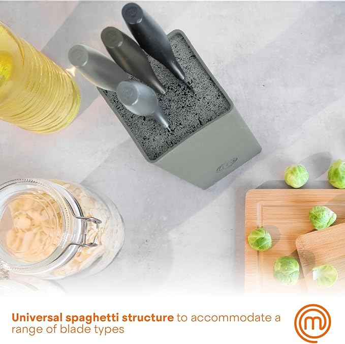 MasterChef Knife Block Set of 6 Kitchen Knives, Extra Sharp Stainless Steel Blades for Professional Cutting with Non Stick Coating & Soft Touch Easy Grip Handles in a Universal Holder, Earth Greys