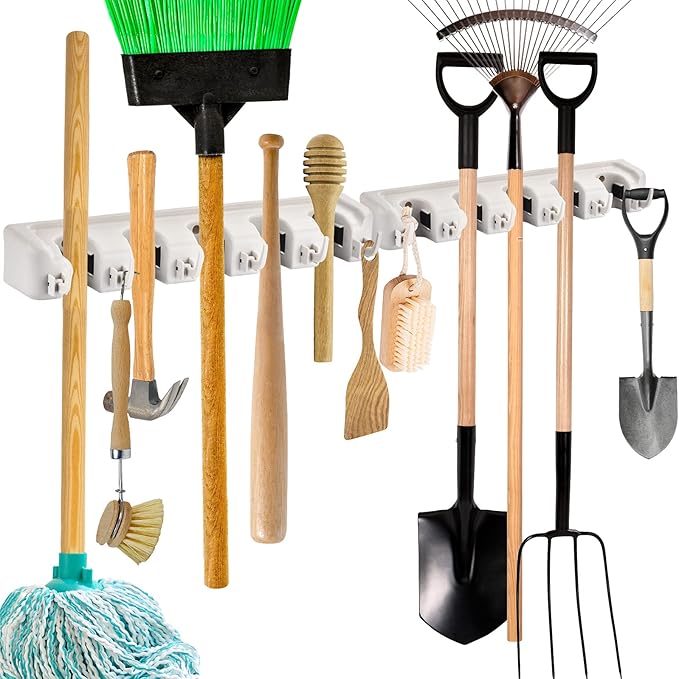 ONMIER 2 Pack Mop and Broom Holder wall mount Garage Organization Hanger Wall Mounted, Hanging Tool Organizer Storage Rack for Home Gard Yard Item - 5 Slots and 6 Hooks