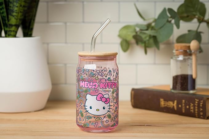 Silver Buffalo Sanrio Hello Kitty Neon Fruits Rainbows and Hearts Pattern Glass Jar Tumbler with Bamboo Lid and Glass Straw, 16 Ounces