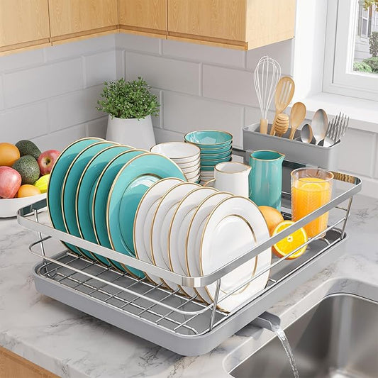 Stainless Steel Dish Drying Rack for Kitchen Counter, Sink Organization and Storage Essentials with Silverware & Utensil Holder, Home and Apartment Decor, 12''W x 15.5''L, Silver