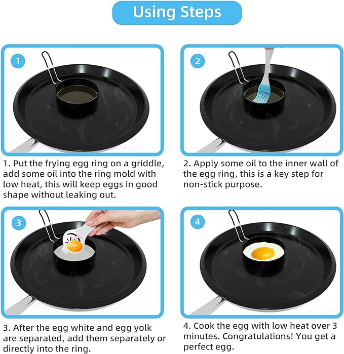 8" Omelet Ring, 6" Pancake Ring, 3.5" Egg Ring for Griddle Frying Eggs (Upgrade Large 3 Pack Stainless Steel Non Stick Round Cooking Rings Molds with Oil Brush and Egg Separator)