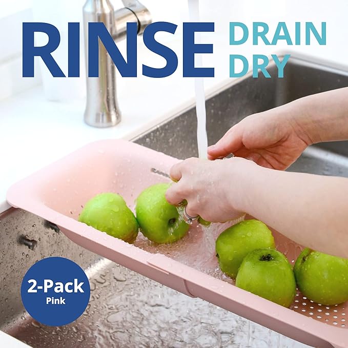 BLUE GINKGO Sink Colander Baskets - (Pack of 2) Wash Vegetables and Fruits, Drain Cooked Pasta and Dry Dishes - Extendable - New Home Kitchen Essentials (2 Pink)