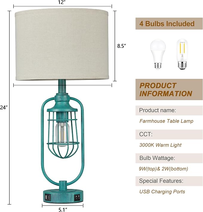 Table Lamps for Living Room End Table Set of 2, Farmhouse Lamps for Night Stands - Image 6