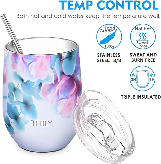 THILY Stainless Steel Insulated Wine Tumbler Stemless Wine Glass with Lid and Straw, Splash-proof, Cute Travel Cup for Coffee, Cocktails, Christmas Gift for Women, Mother, Wife, Girls, Pink Lilies