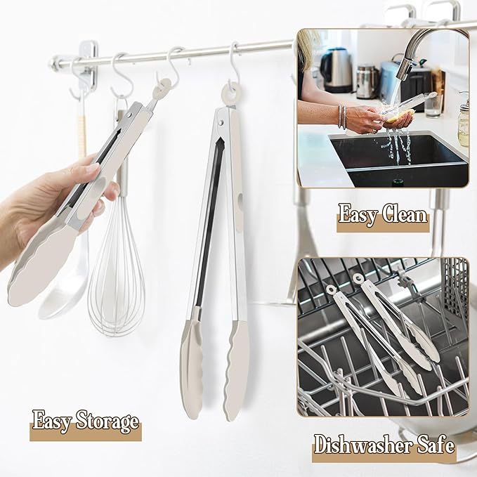 TeamFar Kitchen Tongs, 9" and 12" Stainless Steel Cooking Tongs with Silicone Tips for Cooking Grilling Serving & BBQ, Heat Resistant Silicone Tongs, Locking Design & Dishwasher Safe, Set of 2 & Khaki