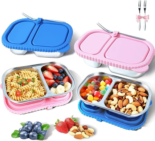 Stainless Steel Snack Containers with Silicone Lids - 2 Compartment Metal Bento Lunch Box, Leak-Proof Reusable Lunch Meal Prep Containers with 2 Forks for School, Office, Travel (Blue+Pink, 2 Pack)