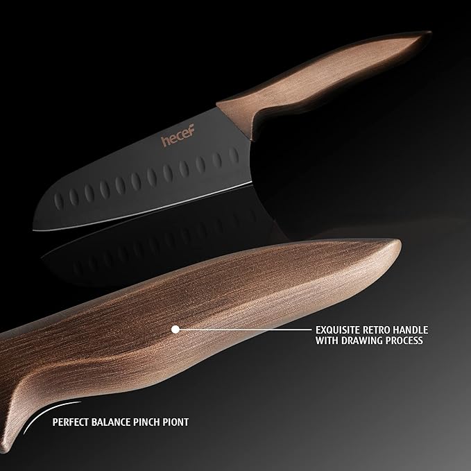 hecef Vintage Kitchen Knife Set, Stainless Steel Non-stick Black Coated Knives with Extra Sheaths, Includes Chef, Bread, Santoku, Utility and Paring Knife