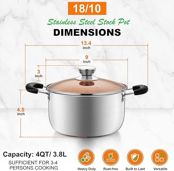 4 Quart Stock Pot with Lid, P&P CHEF Stainless Steel Cooking Pot Stockpot for Soup and Pasta, Heat-proof Handle & Glass Lid, Dishwasher Safe & Non Toxic
