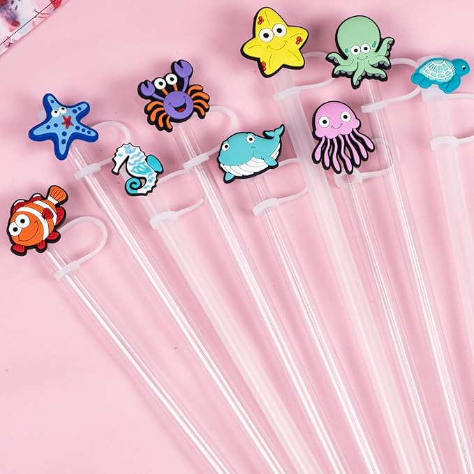 9PCS Straw Covers for Stanley Cup Tumbler 30 oz / 40 oz Leak Proof Straw Toppers 10mm Silicone Sea Animal Caps for Stanley Cup Accessories-Marine Wildlife