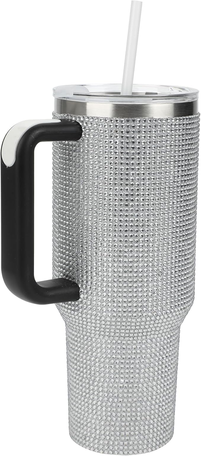 Bioworld Silver Rhinestone 40 Oz Vacuum Insulated Stainless Steel Tumbler with Leak-Proof Lid & Easy Carry Handle, Sparkling Finish for Travel or Home