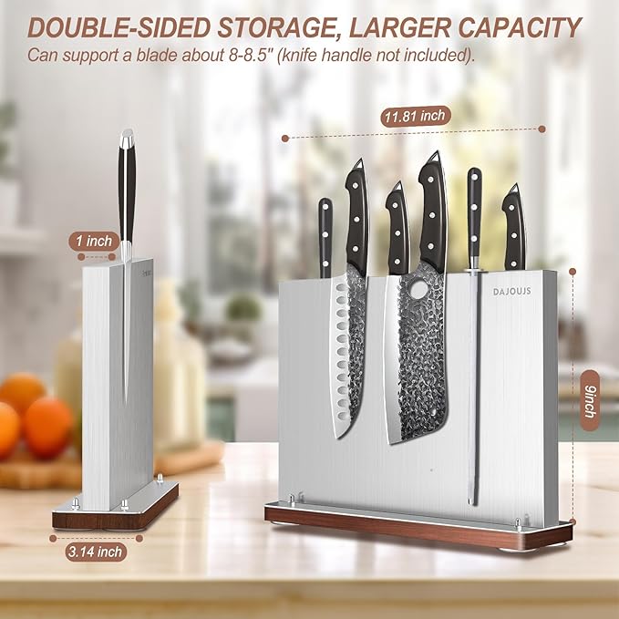 Magnetic Knife Holder, Stainless Steel Magnetic Knife Block without Knives, Strong Double Sided Magnet Knife Storage Strip with Wood Base for Kitchen Counter-Silver