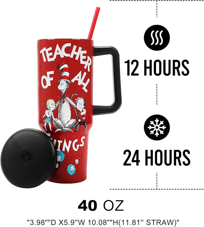 Bioworld Dr. Seuss Teacher of All Things Vacuum Insulated 40 Oz Stainless Steel Tumbler with Leak-Proof Lid & Ergonomic Easy-Carry Handle for School or Home