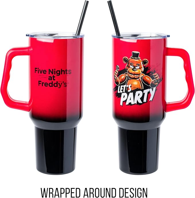 Silver Buffalo Five Nights At Freddy's “Let's Party” Stainless Steel Tumbler with Handle Featuring Freddy Fazbear, Fits in Standard Cup Holder, 40 Ounces