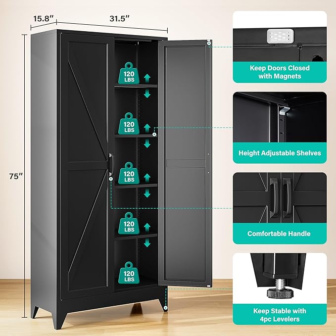 75" Tall Pantry Cabinet,Farmhouse Kitchen Pantry Storage Cabinets with 2 Doors and 4 Shelves,Black Metal Storage Cabinet,Large Cupboard for Home,Kitchen,Dining/Living Room