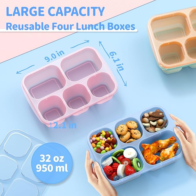 Bento Box Adult Lunch Box - 4 Pack, 5 - Compartment Meal Prep Container for Kids, Reusable Food Storage Snack Containers - Stackable for School, Work, and Travel (Transparent(Blue/Pink/Green/Yellow))