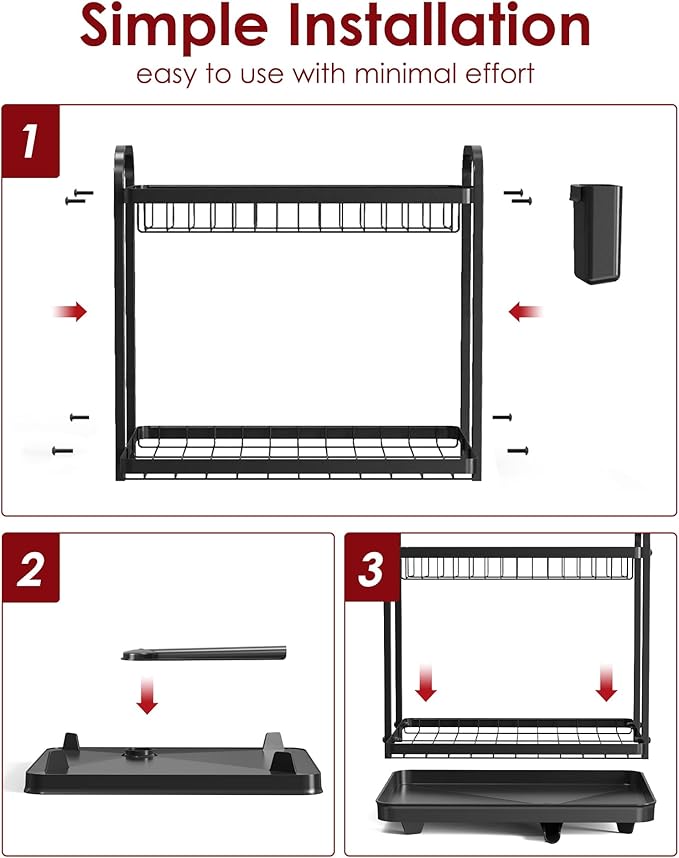 Sakugi 2-Tier Dish Drying Rack - Stainless Steel Dish Rack with Cutlery & Utensil Holders for Kitchen Counter, Sink Organization and Storage Essentials, Home Decor, 15" W x 11.4" L x 15" H, Black