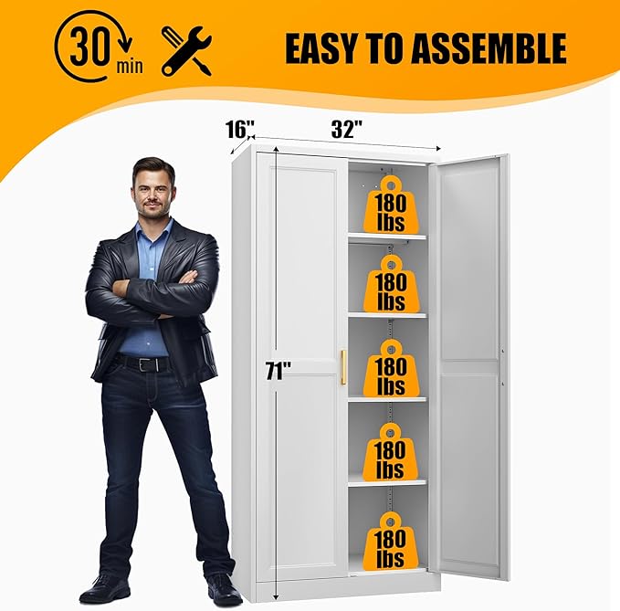 71" Tall Metal Storage Cabinet, Kitchen Pantry Storage Cabinets with Doors and 4 Shelves, White Pantry Cabinet, Utility Kitchen Cupboard, Large Steel Cabinets for Dining, Office, Living Room