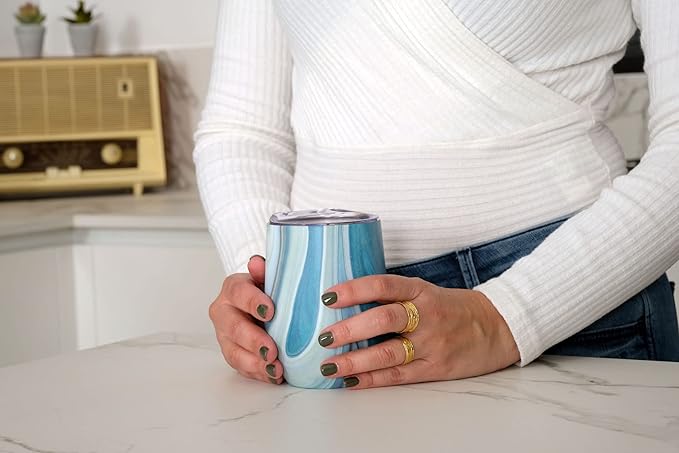 CHILLOUT LIFE 12 oz Stainless Steel Wine Tumblers 2 Pack - Double Wall Vacuum Insulated Wine Glasses Cups with Lids and Straws Set Keeping Cold & Hot for Coffee, Beer, Ice Cream - Ocean Marble Pattern