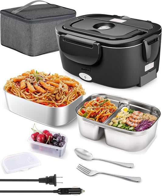 Buddew Electric Lunch Box for Adults, 80W Heated Lunch Box with Dual 1.5L Stainless Steel Portable Food Warmer,12/24/110V Lonchera Electrica Portatil for Travel&Work, Loncheras para Hombres de Trabajo