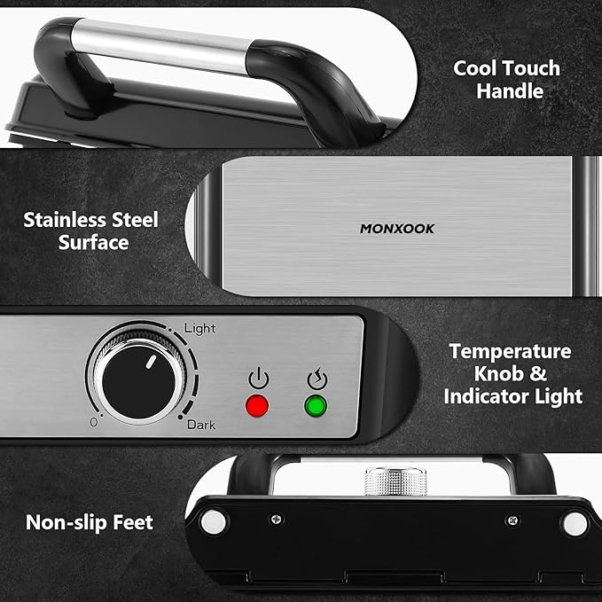 MONXOOK Panini Press Sandwich Maker, 4 Slices Panini Grill Non-Stick Coated Plates, Panini Makers with Temperature Control, Opens 180 Degrees, Removable Drip Tray, 1400W, Stainless Steel