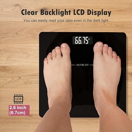 NUTRI FIT Digital Bathroom Scale for Body Weight Loss Watchers Electri Scales, 50g/0.1lb Discrepancy, Clear Backlit LCD Display and Step-On Techhology, 2*AAA Batteries Included, 330lb/150kg, Jet Black