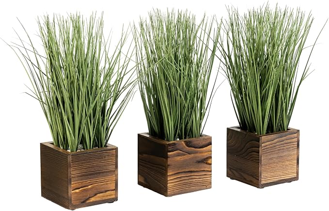 MyGift Artificial Green Grass Plants Trio in Rustic Burnt Solid Wood Planter by MyGiftHome