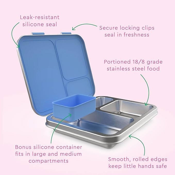 Bentgo Kids Stainless Steel Prints Leak-Resistant Lunch Box - 3-Compartments with Silicone Container, Durable, Eco-Friendly, Dishwasher Safe, BPA-Free, for School, Ages 3+ (Rainbows & Butterflies)