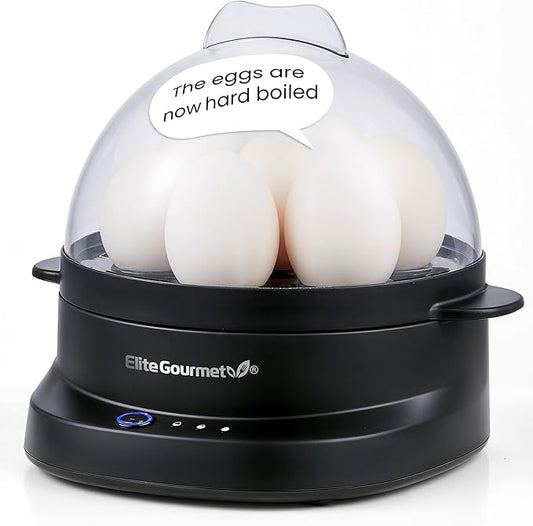 Elite Gourmet EGC587 EGGSYNC™ Voice Alerts Easy Egg Cooker, 7-Egg Capacity, Soft, Medium, Hard-Boiled Settings, Measuring Cup with Piercing Pin, Auto Shut-Off, BPA-Free