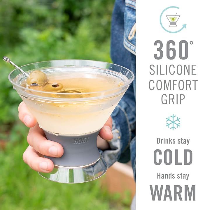 Host Freeze Insulated Martini Cooling Cups, Plastic Freezer Gel Chiller Double Wall Stemless Cocktail Glass Set of 2, 9 oz, Grey