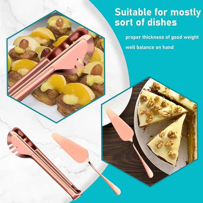 Serving Utensils, 15 Pcs Stainless Steel Large Flatware Serving Tools Kit, Included Spoons, Forks, Tongs, Slotted Spoon, Ladle, Cake Server for Catering Banquet Wedding Buffet Party, Rose Gold