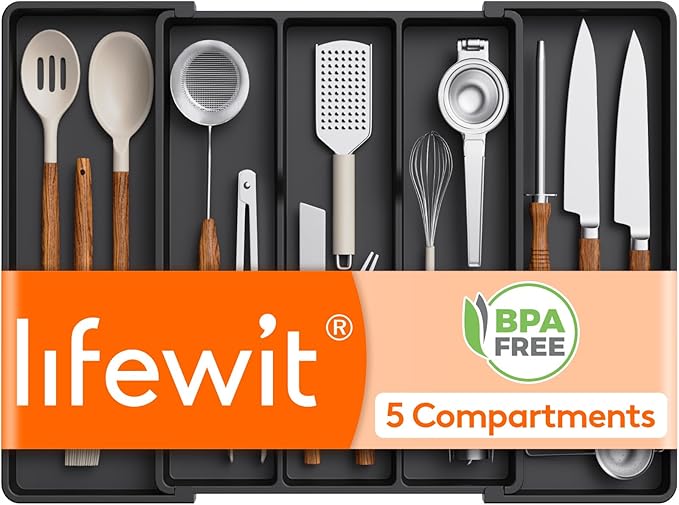 Lifewit Cooking Utensil Kitchen Drawer Organizer, Expandable from 16 to 28 inches, Plastic Cutlery Silverware Tray, Adjustable Spatula Holder, Flatware Tools Gadgets Storage Divider, XL,Black