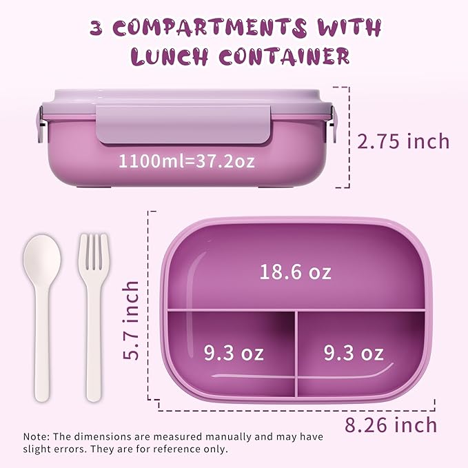 Bento Lunch Box with Kids & Children, Stackable Lunchbox Container with 3-Compartment, Durable for On-the-Go Meal, BPA-Free and Food-Safe Materials (Purple)
