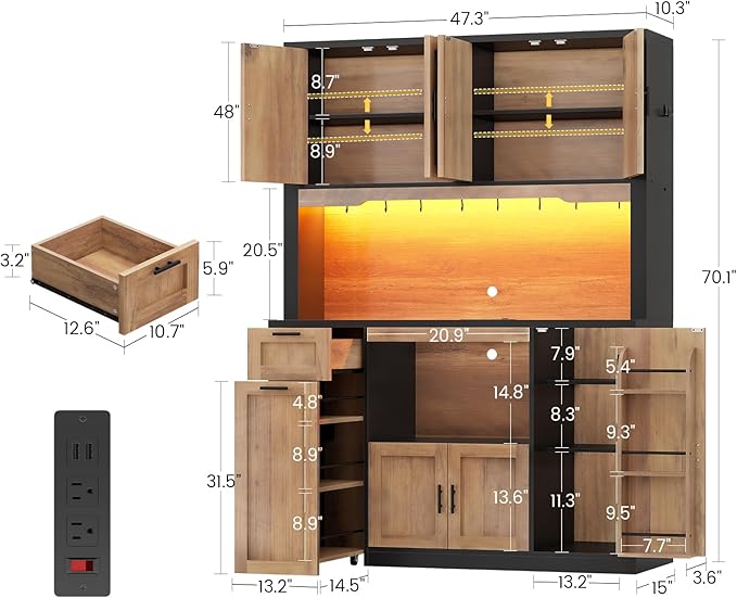 Itaar 71" Pantry Cabinet with Charging Station and LED Light, Kitchen Pantry Cabinet with Microwave Stand, 47.2" Wide Kitchen Storage Cabinets with Storage Cart 3 Tier for Dining Room (Brown)