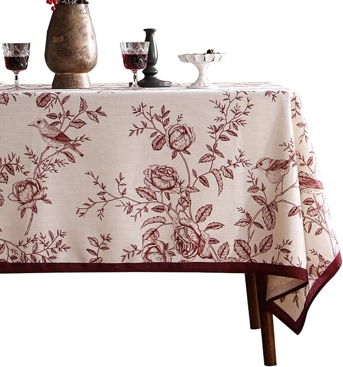 ISAENNE Designer Vintage Linen Small Rectangular Tablecloth,Red Floral Pattern Linen Stain Resistant Table Cloth,Decor Tablecloths for Dining Thanksgiving Kitchen Tea Party,55"*71"-Harmony