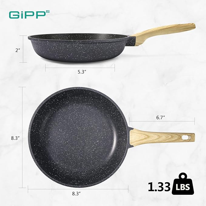 GiPP Nonstick Frying Pan Skillet - 8" Grey Granite Non Stick Pans, Omelette Pan with Heat-Resistant Handle, Compatible with All Stovetops, PFOA Free