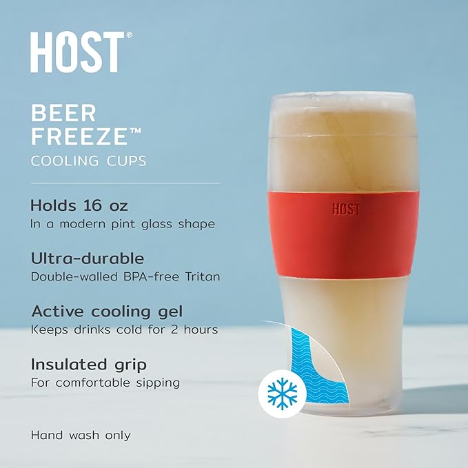 HOST FREEZE Beer Glasses, Frozen Brew Mugs, Freezable Pint Glass Set, Insulated Beer Glass to Keep Your Drinks Cold, Double Walled Insulated Glasses, Gift for Dad, 16oz, Set of 2, Crimson Red