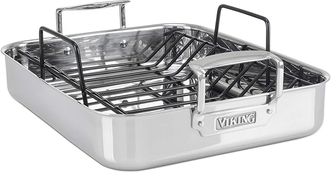 Viking 3-Ply Stainless Steel Roasting Pan with Non Stick Rack, 16 x 13 Inch Kitchen Cookware, Great for Turkey, Dishwasher and Oven Safe, Induction Ready, Silver