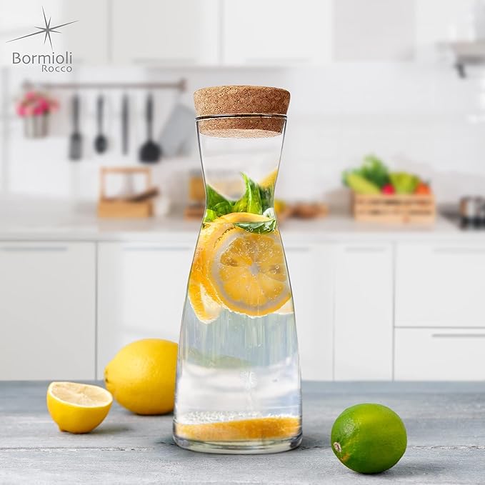 Bormioli Rocco Ypsilon Carafe with Cork Top - 18.5 oz Star Glass Water Pitcher & Juice Carafe with Modern Design Wide Mouth for Ice - Stylish Drinkware for Kitchen or Entertaining, Made in Italy