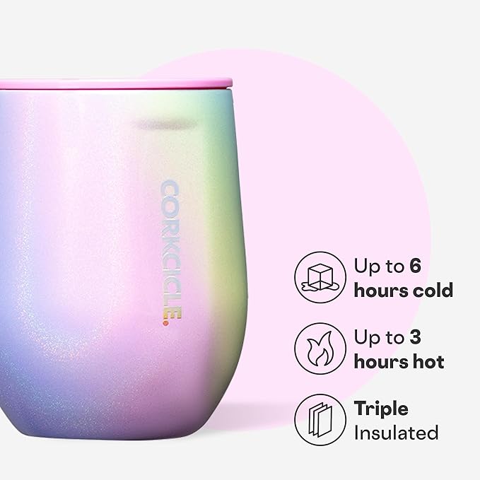 Corkcicle Stemless Wine Tumbler - Keeps Drinks Cold for 6 Hours - Triple-Insulated Stainless Steel - Non-Slip Base - Summer Drinkware Gift - Keeps Drinks Ice Cold - 12 oz - Rainbow Unicorn