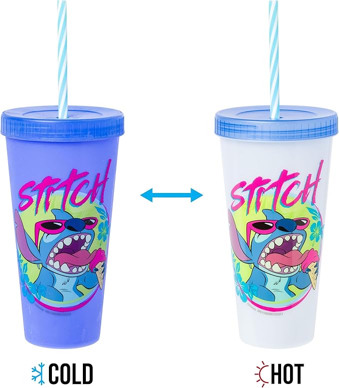 Silver Buffalo Disney Lilo and Stitch Tropical Character Poses 4 Pack Color Changing Plastic Tumbler with Lid and Reusable Straw, 24 Ounce